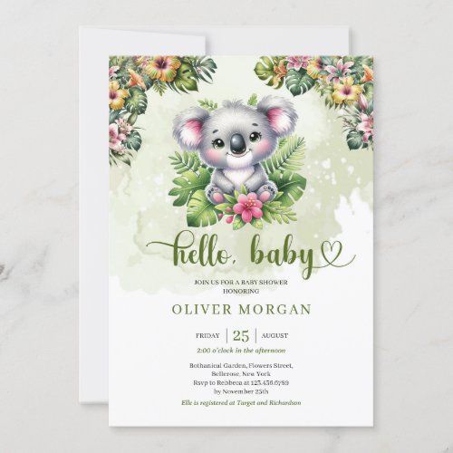 Cute watercolor jungle baby koala tropical flowers invitation