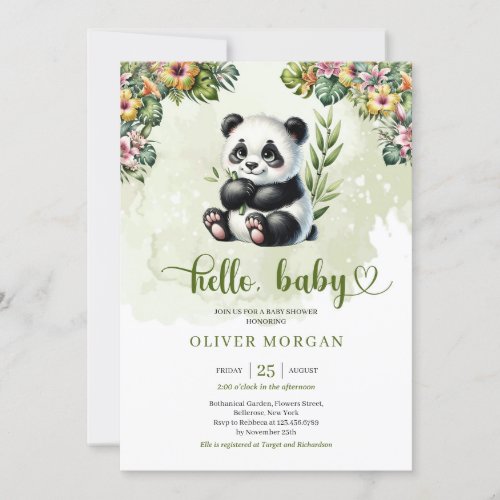 Cute watercolor jungle baby panda tropical flowers invitation