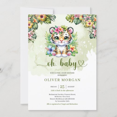 Cute watercolor jungle baby tiger tropical flowers invitation