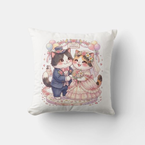 Cute Watercolor Just Married Cats Wedding Throw  Pillow