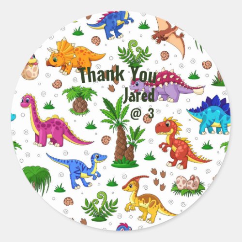 Cute Watercolor Kids Birthday Dinosaur Thank You Classic Round Sticker