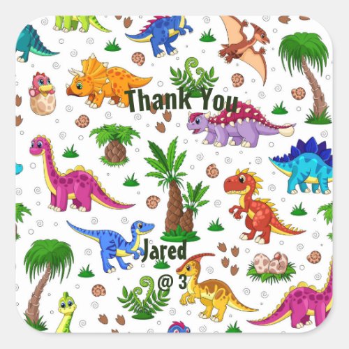 Cute Watercolor Kids Birthday Dinosaur Thank You Square Sticker