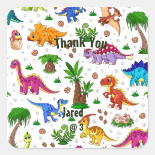 Cute Watercolor Kids' Birthday Dinosaur Thank You Square Sticker