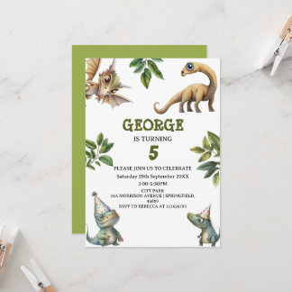 Cute Watercolor Kids Dinosaur Theme Birthday Invitation