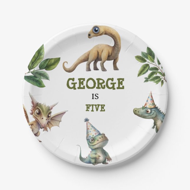 Cute Watercolor Kids Dinosaur Theme Birthday Paper Plates (Front)