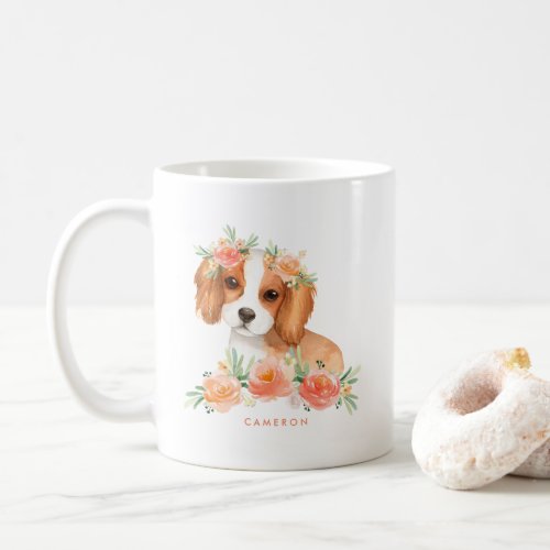 Cute Watercolor King Charles Spaniel Peach Floral Coffee Mug