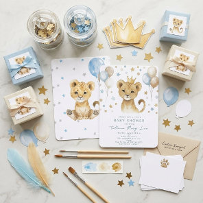 Cute Watercolor King Lion Baby Shower Invitation