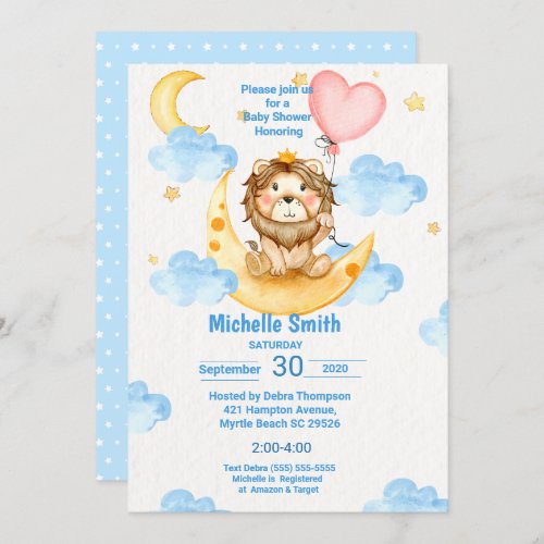 Cute Watercolor King Lion Blue Pink Invitation