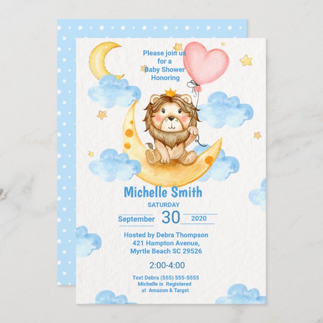 Cute Watercolor King Lion Blue Pink Invitation (Front/Back)