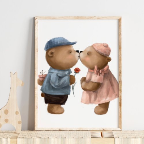 Cute Watercolor Kissing Bears  Bears Wall Print