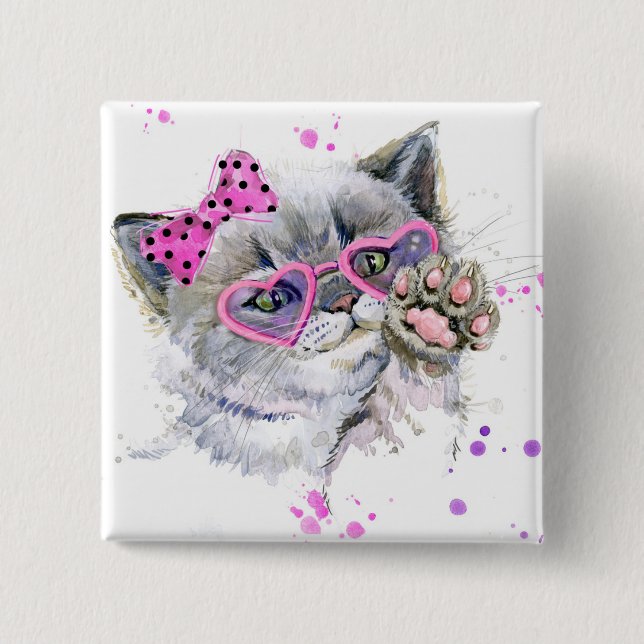 Cute Watercolor Kitten Button (Front)