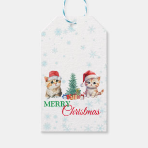 Cute Watercolor kitten cat Santa Christmas party C Gift Tags