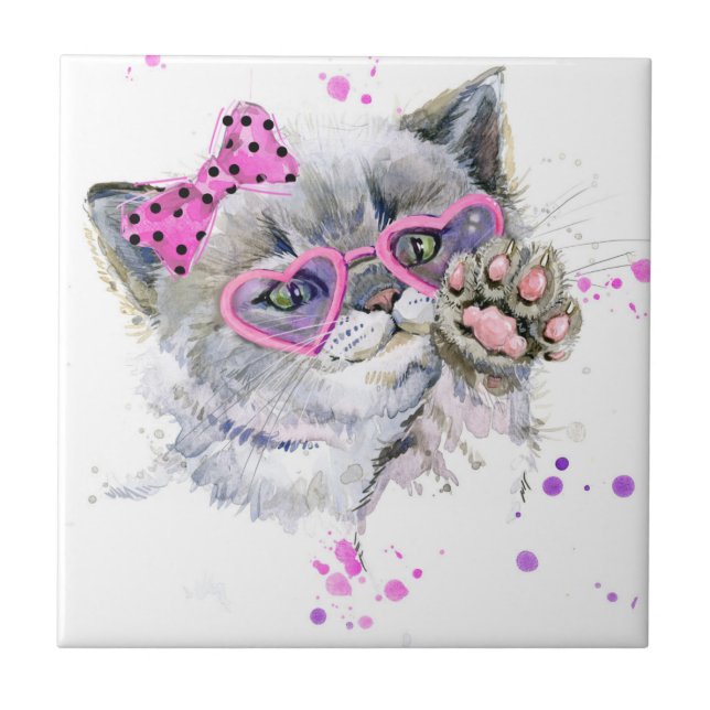 Cute Watercolor Kitten Ceramic Tile (Front)