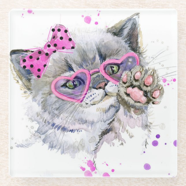 Cute Watercolor Kitten Glass Coaster (Front)
