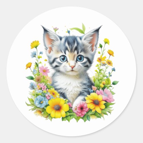 Cute Watercolor Kitten in Flowers Classic Round Sticker