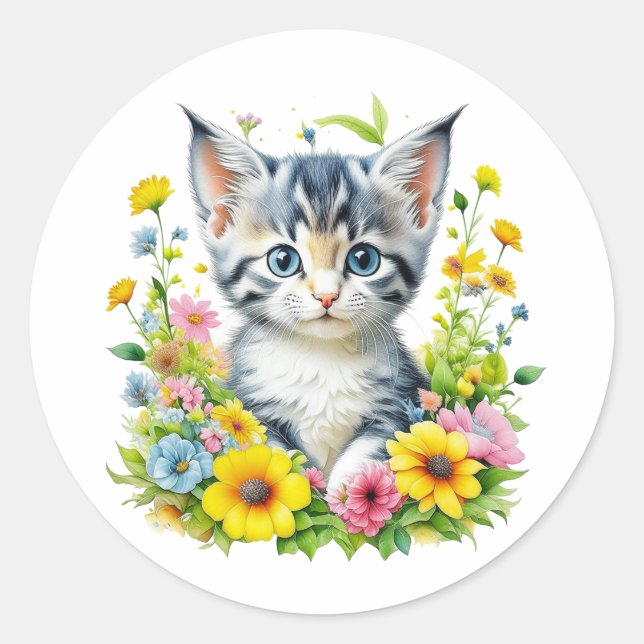 Cute Watercolor Kitten in Flowers Classic Round Sticker (Front)