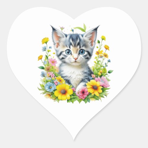 Cute Watercolor Kitten in Flowers Heart Sticker