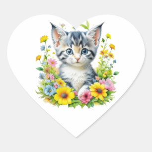 Cute Watercolor Kitten in Flowers Heart Sticker