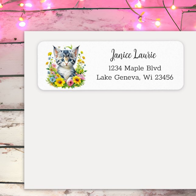 Cute Watercolor Kitten in Flowers Label (Creator Uploaded)
