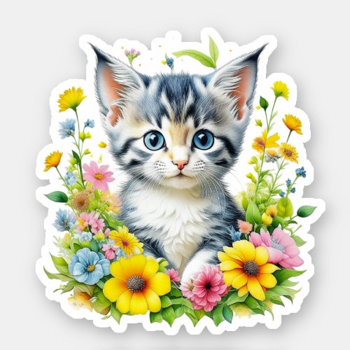 Cute Watercolor Kitten in Flowers Sticker