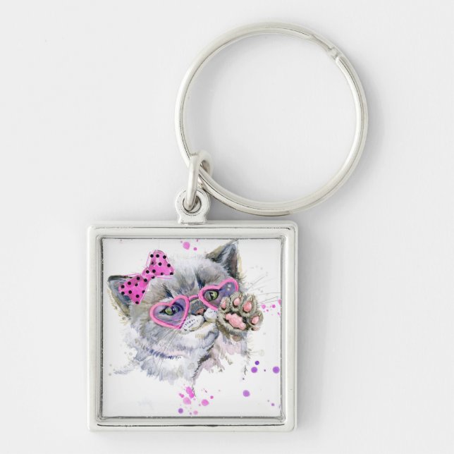 Cute Watercolor Kitten Keychain (Front)