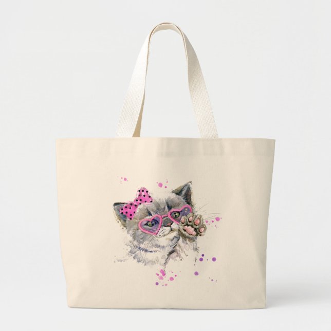 Cute Watercolor Kitten Large Tote Bag (Front)
