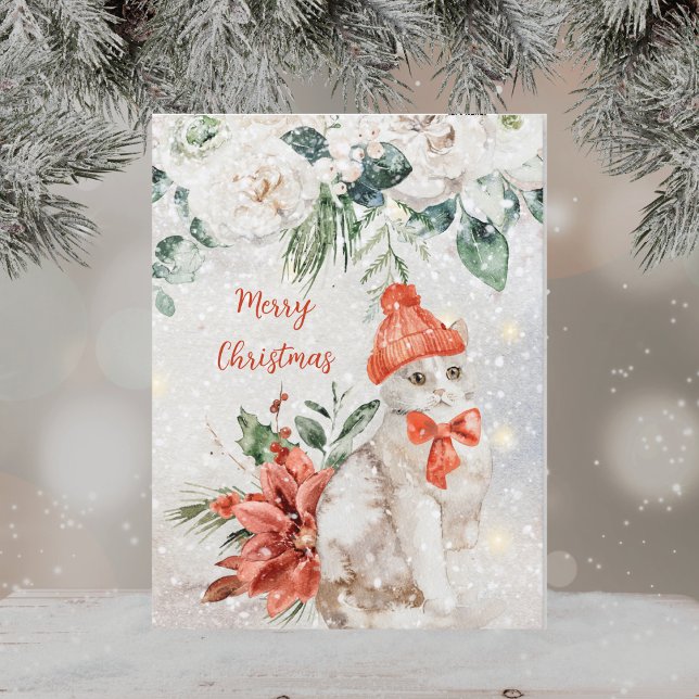 Cute Watercolor Kitten Merry Christmas Holiday Postcard (Creator Uploaded)