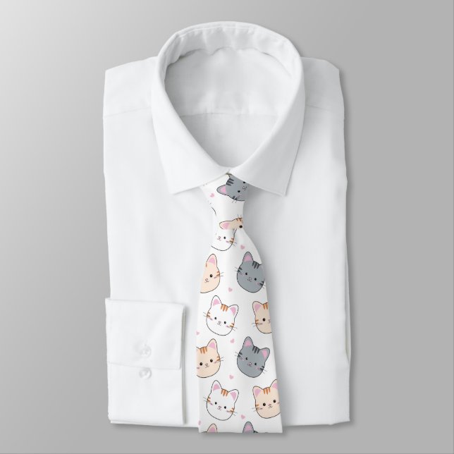 Cute Watercolor Kitten Pattern White Neck Tie (Tied)