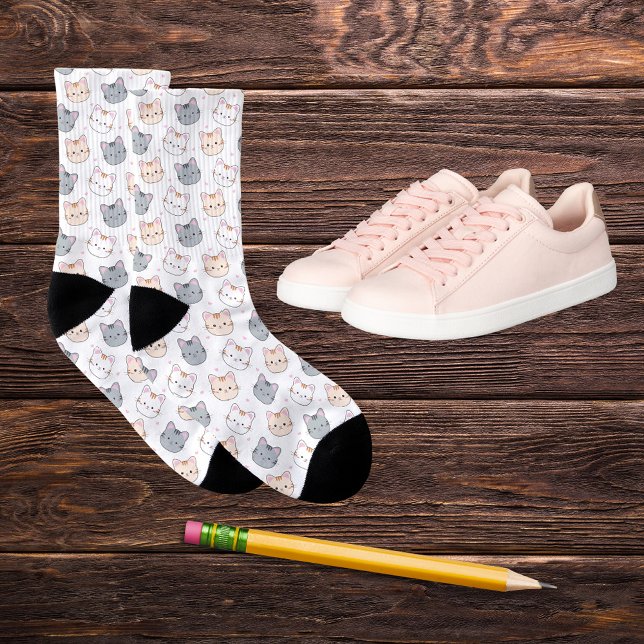 Cute Watercolor Kitten Pattern White Socks (Creator Uploaded)