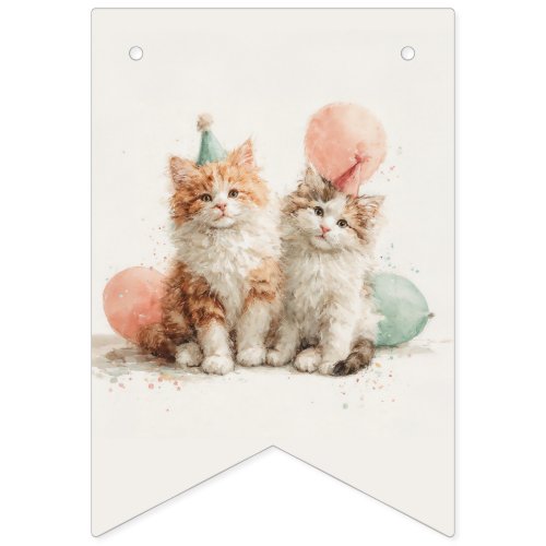 Cute Watercolor Kitten Pawty Cat Birthday Bunting Flags
