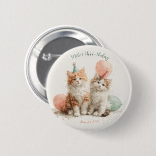 Cute Watercolor Kitten Pawty Cat Birthday Button