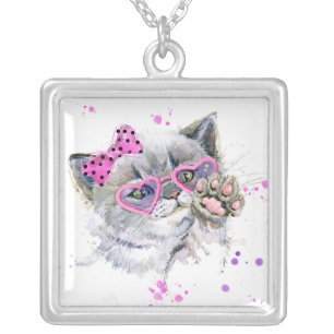 Cute Watercolor Kitten Silver Plated Necklace