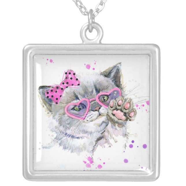 Cute Watercolor Kitten Silver Plated Necklace (Front)