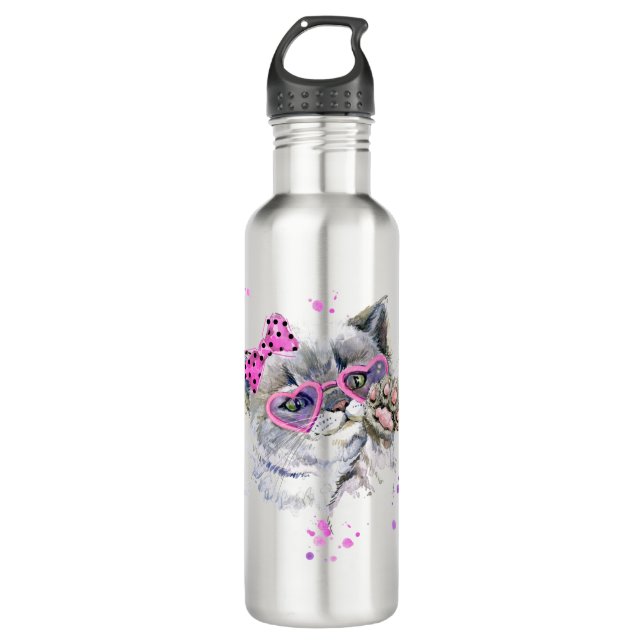 Cute Watercolor Kitten Stainless Steel Water Bottle (Front)