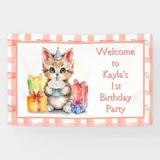 Cute Watercolor Kitten Themed Birthday  Banner (Horizontal)