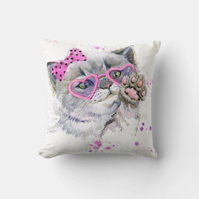 Cute Watercolor Kitten Throw Pillow (Front)