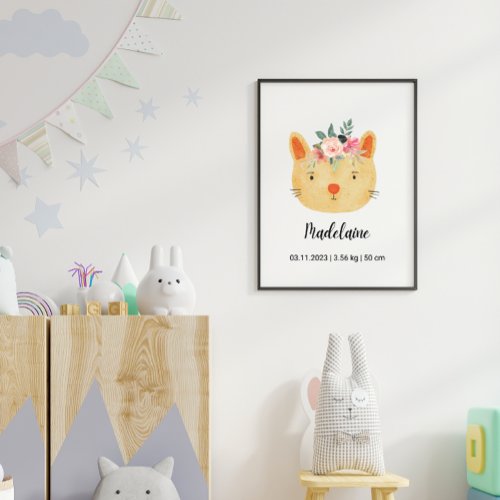 Cute Watercolor Kitten wFlowers  Boho Nursery Poster