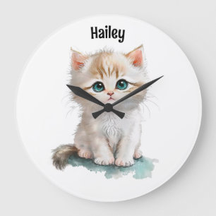 Cute Watercolor Kitten with Blue Eyes Large Clock