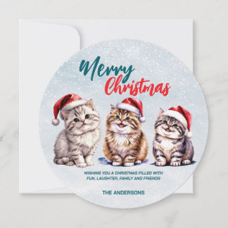 Cute watercolor kitty cat Santa Merry Christmas Holiday Card