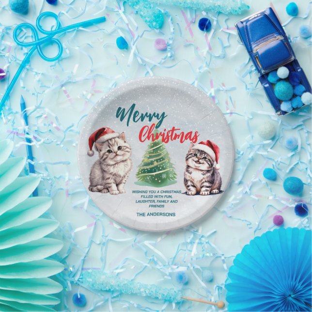 Cute watercolor kitty cat Santa  Merry Christmas  Paper Plates (Party)