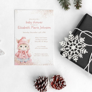 Cute Watercolor Kitty Cat Winter Coat Baby Shower Invitation