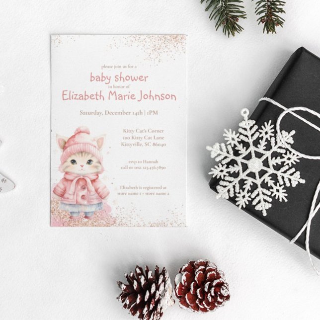 Cute Watercolor Kitty Cat Winter Coat Baby Shower Invitation (Creator Uploaded)