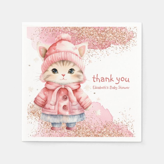 Cute Watercolor Kitty Cat Winter Coat Party Napkins (Front)