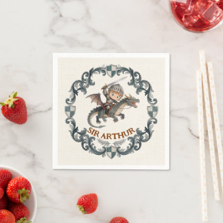 Cute Watercolor Knight Castle Boys First Birthday Napkins