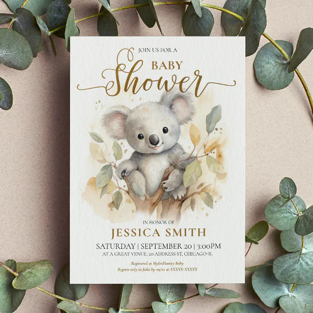 Cute Watercolor Koala Bear Baby Shower Invitation | Zazzle