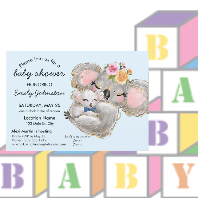 Cute Watercolor Koala Blue Baby Shower Invitation | Zazzle