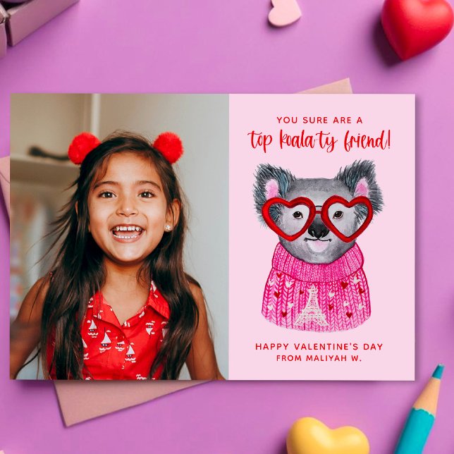 Cute Watercolor Koala Kids Photo Valentine Card (Creator Uploaded)
