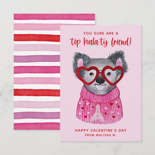 Cute Watercolor Koala Kids Valentine Holiday Card (Front/Back)