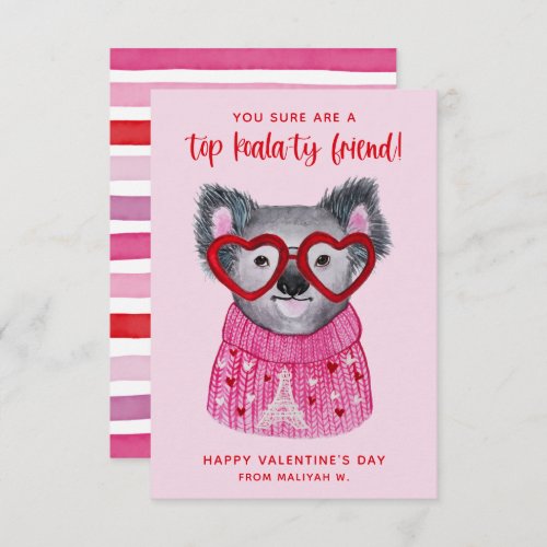 Cute Watercolor Koala Kids Valentine Holiday Card