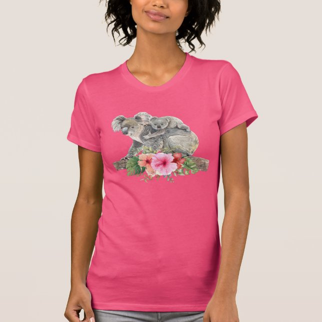 Cute Watercolor Koala & Tropical Flowers T-Shirt (Front)